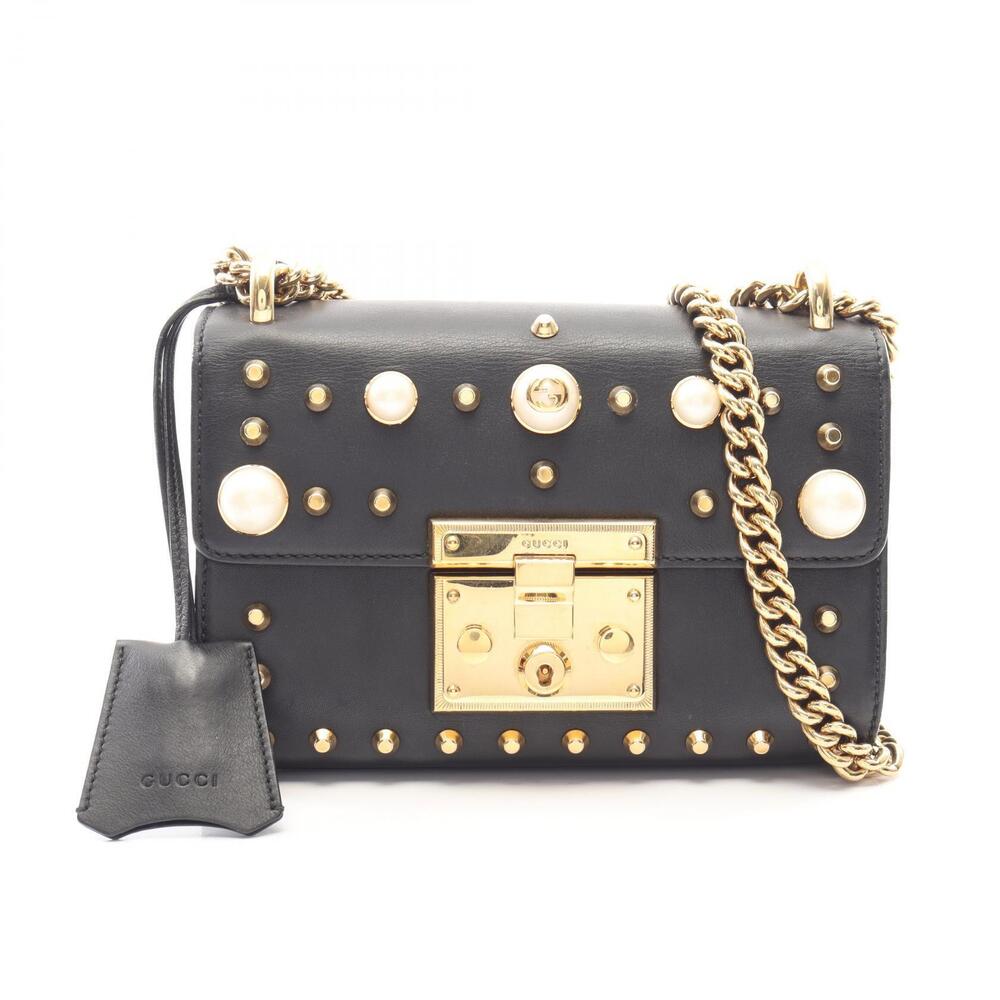 Gucci Padlock Studded Shoulder Bag Leather Black